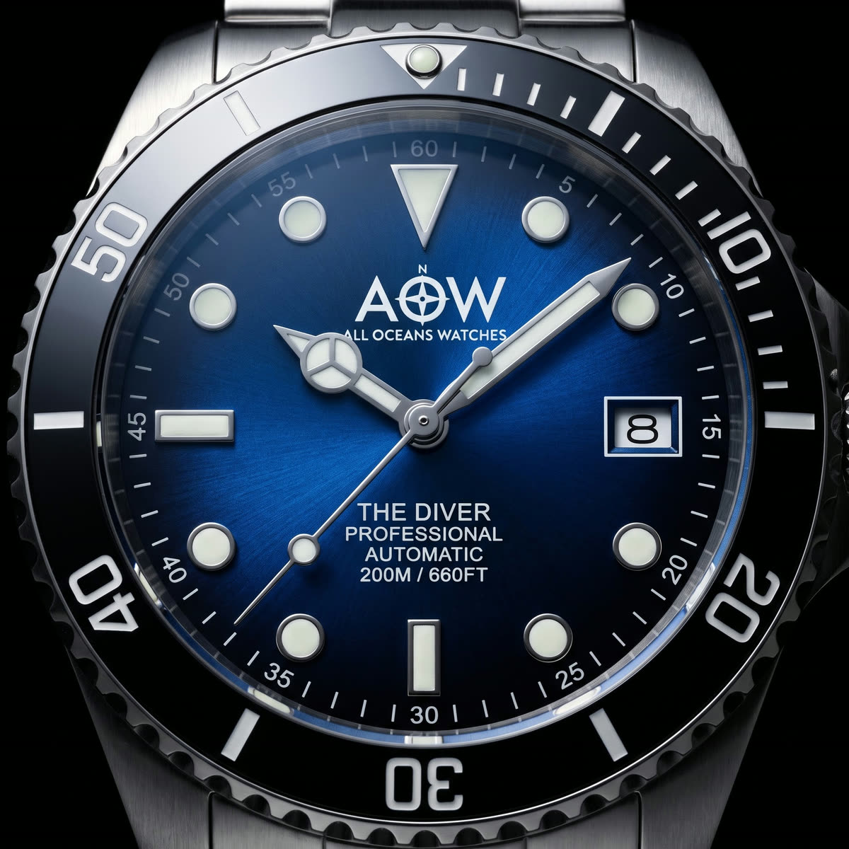 Macro of The Diver dial, straight on
